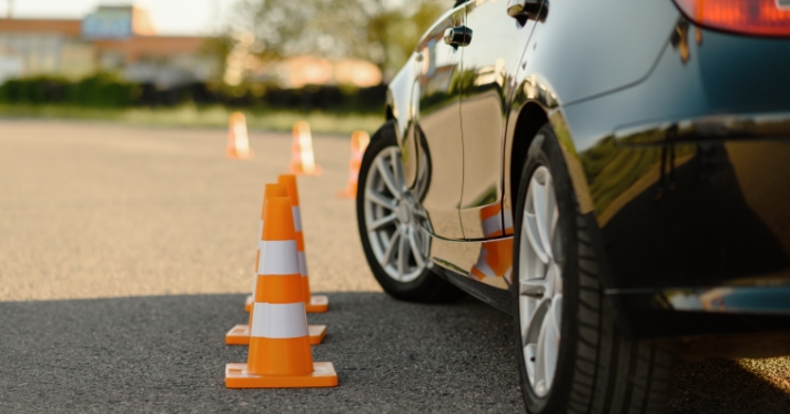 car orange traffic cones lesson driving school concept